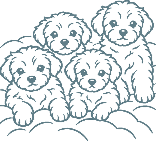Line drawing of four doodle puppies